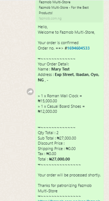 Order sent to whatsApp